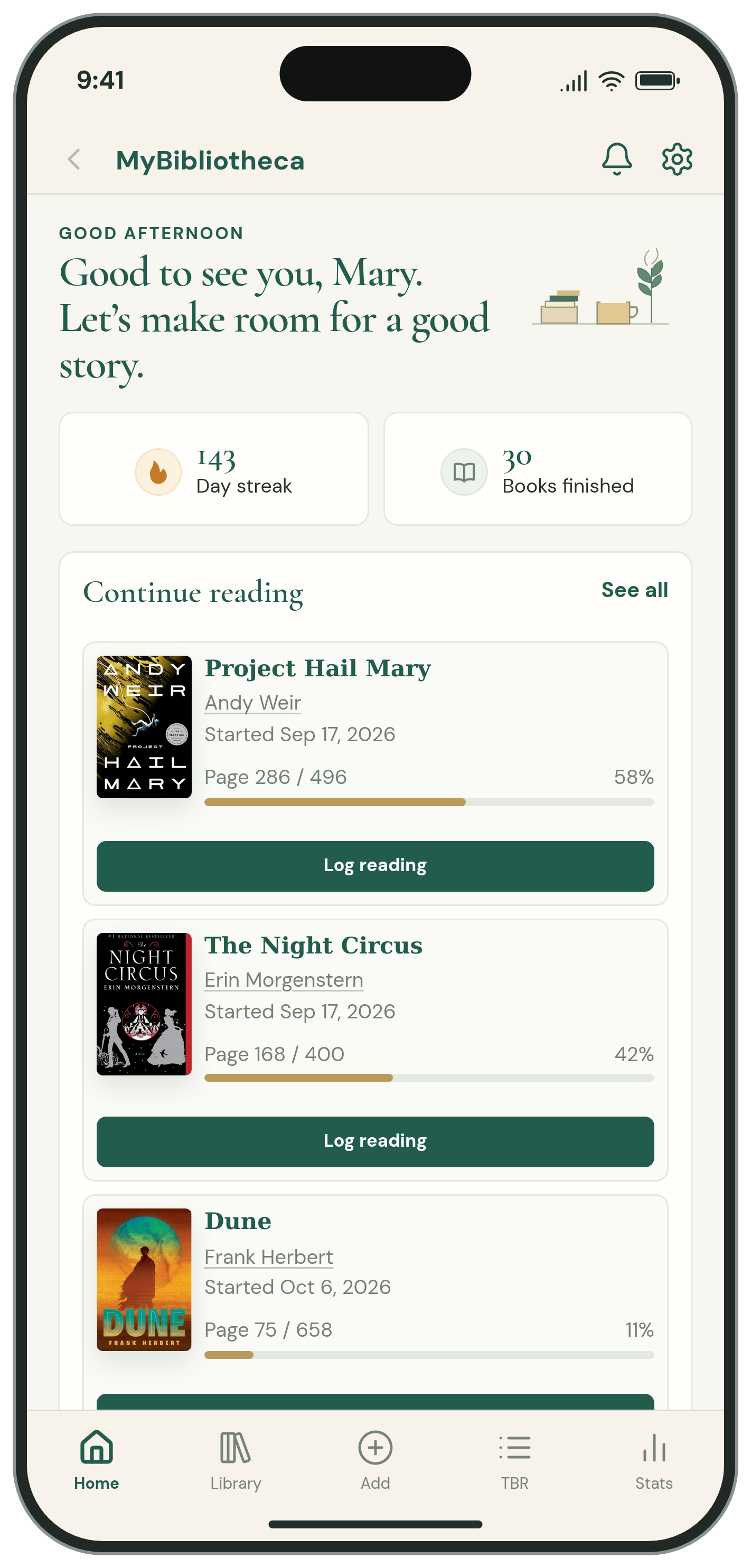 MyBibliotheca iOS app showing reading progress for Project Hail Mary, The Night Circus, and Dune